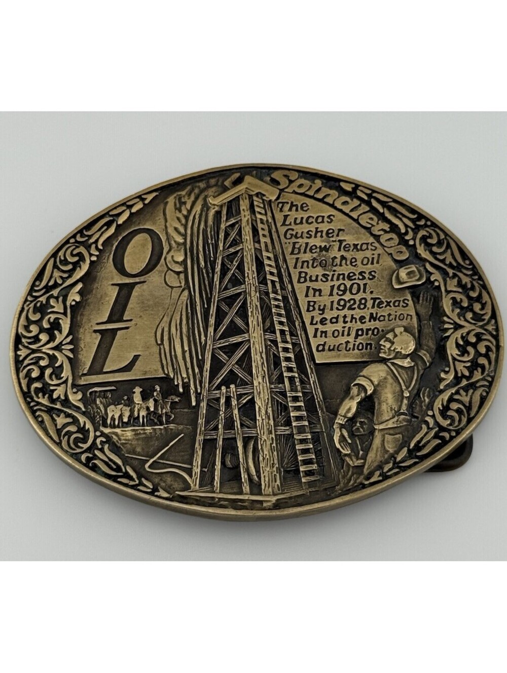 Vintage AMD Belt Buckle Texas The Spindletop Oil Discovery Solid Brass Oilfield